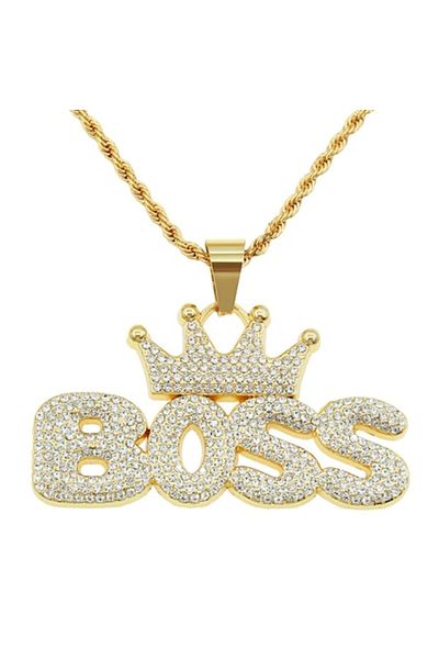 Tessero Rope Necklace with Hip Hop Iced Out Pendant Inscribed BOSS with Crown, Zirconia Stones, Stainless St