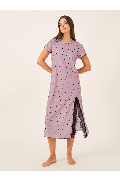 Styli Heart Print Bow Detail Lettuce Edge Nightdress with Lace Trim Slit