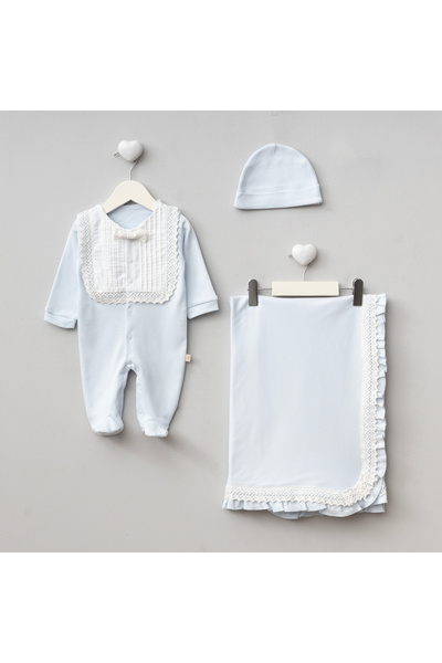 Mert Baby Martin 3-Piece Organic Hospital Discharge Set with Ribbed and Lace Detail 100% Cotton Newborn Baby Boy