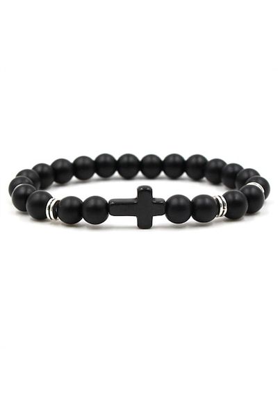 Tessero Brățară elastică din piatră semiprețioasă, onix, model în formă de cruce, unisex, neagră