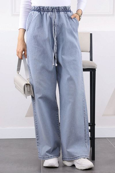 İmajButik Ice Blue Casual Palazzo Jeans with Elastic Waist