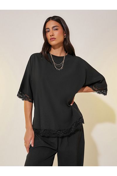 Styli Lace Detail Short Sleeve Top and Pants Co-Ords