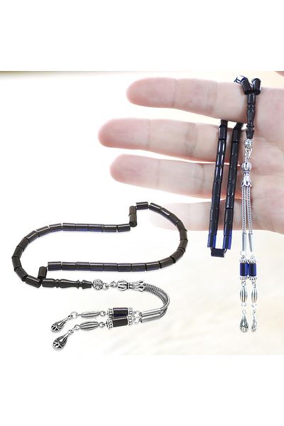 Tesbihane Non-Tarnish Metal 2-Piece Whip Tassel Cut Cut Wrist Length Navy Blue Crimping Amber Prayer Beads