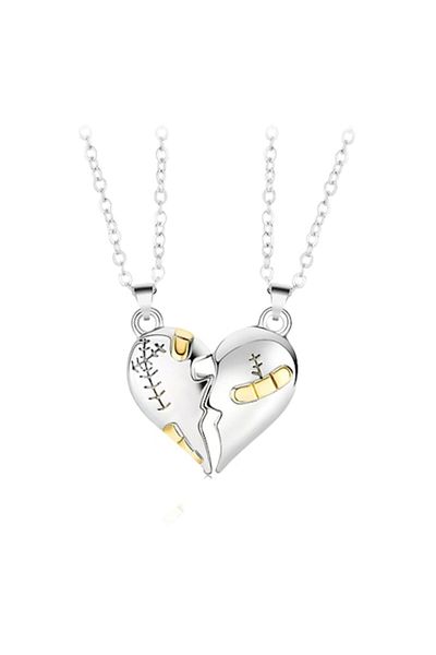 Tessero Set of two necklaces with broken heart-shaped magnetic pendants for couples, friends, silver-colored