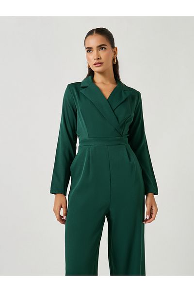 Styli Solid Notch Lapel Wide Leg Jumpsuit