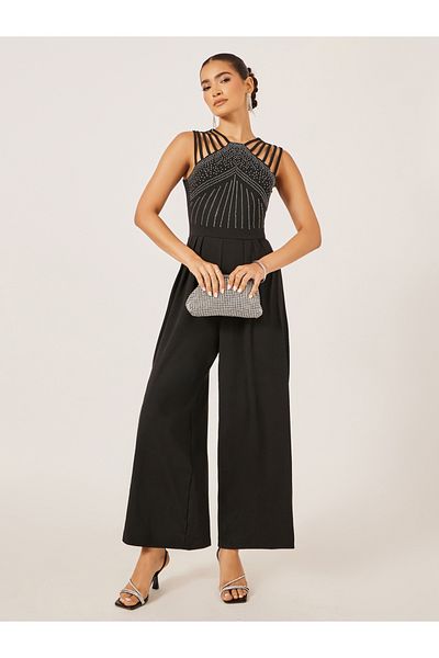 Styli Embellished V Neck Wide Leg Jumpsuit