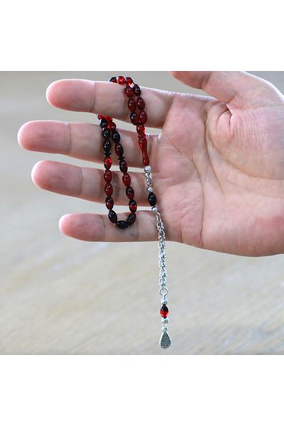 Tesbihane سلسلة معدنية متدلية من اللباد، قطع الشعير، أحمر، أسود، بطول المعصم، مسبحة من العنبر