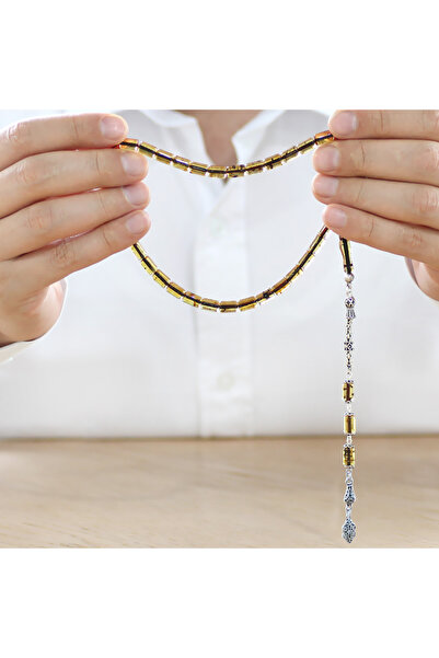 Tesbihane 925 Ayar Gümüş Kral Püsküllü Kesme Kesim Hafif Fosilli Ihlamur Sarı Doğal Damla Kehribar Tesbih