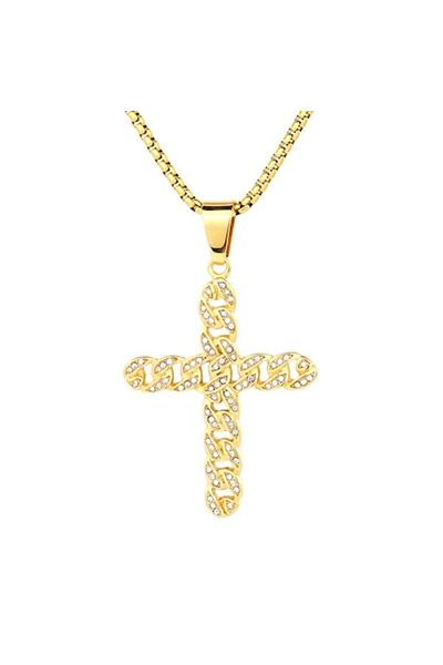 Tessero Cuban Chain Necklace with Cross Pendant, Zirconium Stones, Stainless Steel, 18K Gold Plated, Tessero
