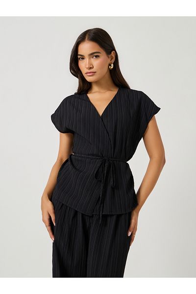 Styli Textured Wrap Tie-Up Top and Pants Co-Ords