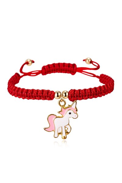Tessero - Handmade string bracelet with unicorn-shaped pendant, adjustable size, red