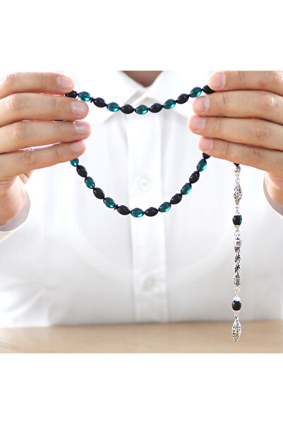 Tesbihane عقد تسبيح من المعدن المقاوم للتلطيخ، شرابة من الحبوب، قطع من الحبوب، باللون الفيروزي والأسود والنار والعنبر