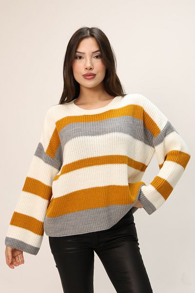 ALCHON Round Neck Long Sleeve Comfortable Loose Cut Three Color Striped Basic Plain Winter Knitwear Sweater