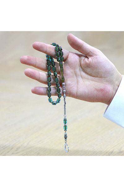 Tesbihane سبحة من العنبر الناري الفيروزي مع شرابة معدنية غير قابلة للتلطيخ ورأس على شكل كبسولة مكتوب عليها اسم Ayyıldız