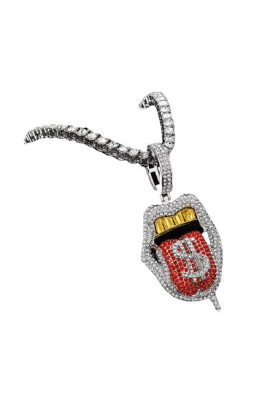 Tessero Tennis Necklace with Hip Hop Pendant in the Shape of a Dollar Mouth, Zircon Stones, 18K Gold Plated, 45