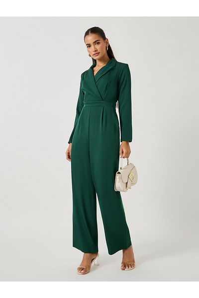 Styli Solid Notch Lapel Wide Leg Jumpsuit