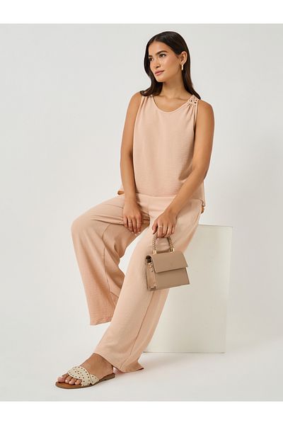 Styli Solid Lace Insert Sleeveless Top and Wide Leg Pants Co-Ords
