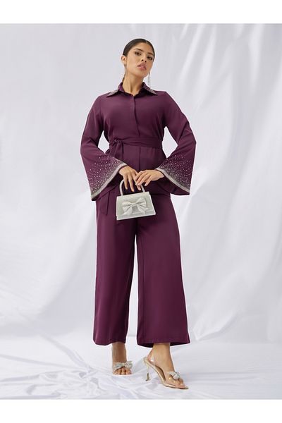 Styli Embellished Belted Top and Straight Leg Pants Co-Ords