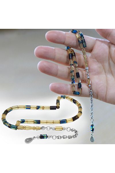 Tesbihane خرز معدني مانع للتشويه على شكل شرابة ألبانية، لون أزرق وأبيض، بطول المعصم، من الخرز العنبر