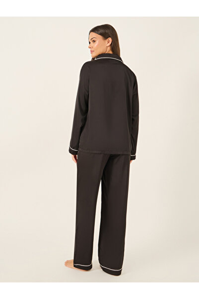 Styli Piped Detail Matte Satin Long Sleeve Pocket Shirt and Pyjama Set