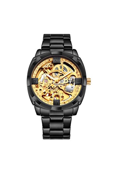 Tessero Ceas de mână schelet rotund, mecanism automat, unisex, Tessero, negru și auriu