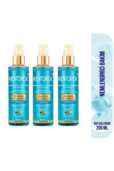 Restorex Hydra Moisturizing Revitalizing Care Liquid Conditioner 3X200 ml - Hyal.Asid Glycoic Acid Sulfate Free