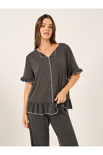 Styli Solid Ruffled Short Sleeve Top and Pyjama Set