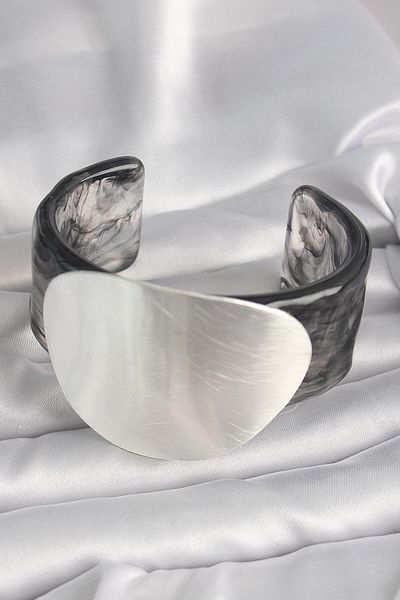 AfraBeauty Black Marble Pattern Acrylic Pilastic Silver Plate Model Vintage Women's Bracelet