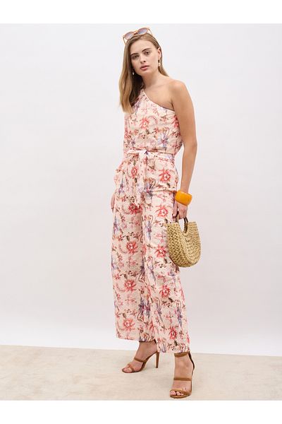 Styli Floral Printed Shiffli One-Shoulder Top and Wide Leg Pants Co-Ords