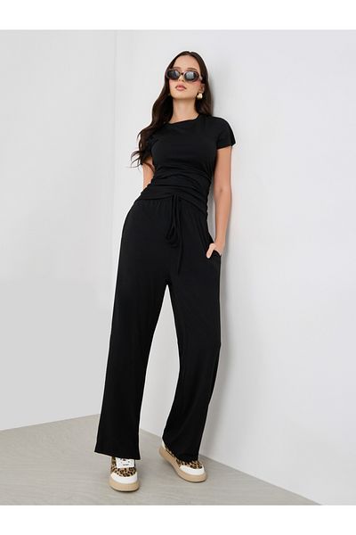 Styli Solid Ruched Detail T-Shirt and Wide Leg Joggers Co-Ords