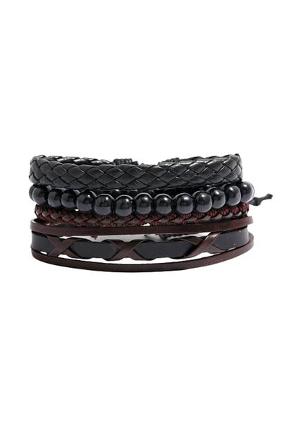 Tessero Set de patru brățări lucrate manual din piele, mărime reglabilă, negru