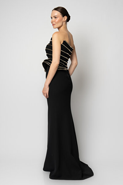 RENGIN Enine kat kat rugan biyeli krep abiye elbise