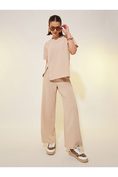 Styli Solid Short Sleeve Asymmetric Top and Pants Co-Ords