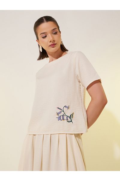 Styli Embroidered Detail Round Neck Top and Skirts Co-Ords