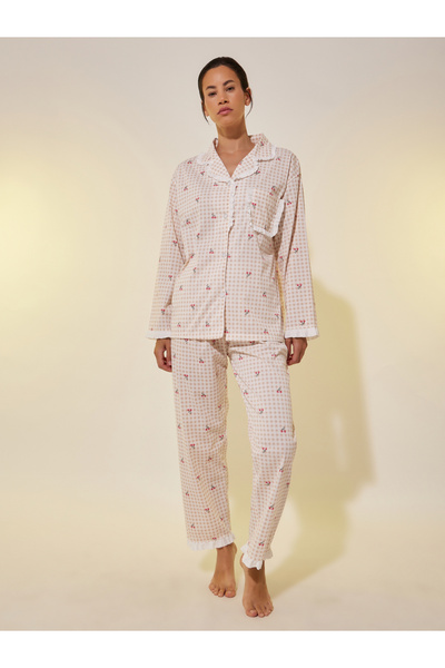 Styli Lace Trim Checked Buttoned Shirt and Pyjama Set