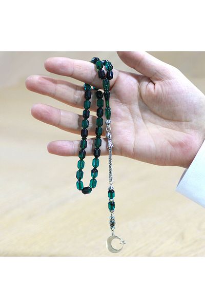 Tesbihane سبحة من الخرز المعدني الأسود المقاوم للتلطيخ مع طرف على شكل كبسولة مكتوب عليها اسم Ayyıldız باللون الفيروزي الأسود