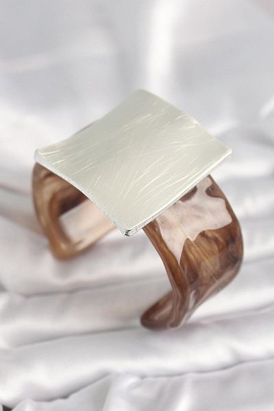 AfraBeauty Brown Marble Pattern Acrylic Plastic Silver Square Plate Vintage Bracelet
