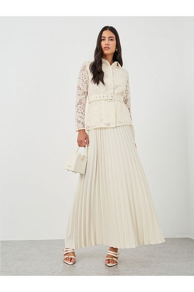 Styli Lace Belted Shirt and Pleated Skirt Co-Ords