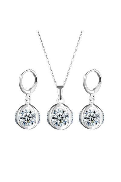 Tessero - Chain set with rain drop pendant and earrings, spherical model, zirconia stones, gold plated