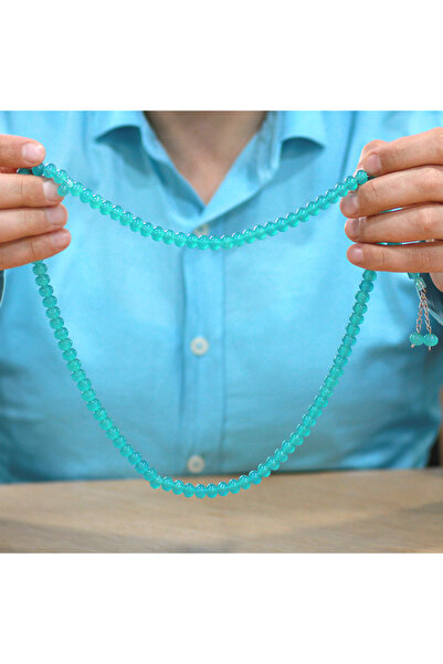 Tesbihane Non-Tarnish Metal Tassel Wheel Cut Water Green Color 99 Grain Cat's Eye Prayer Prayer Beads