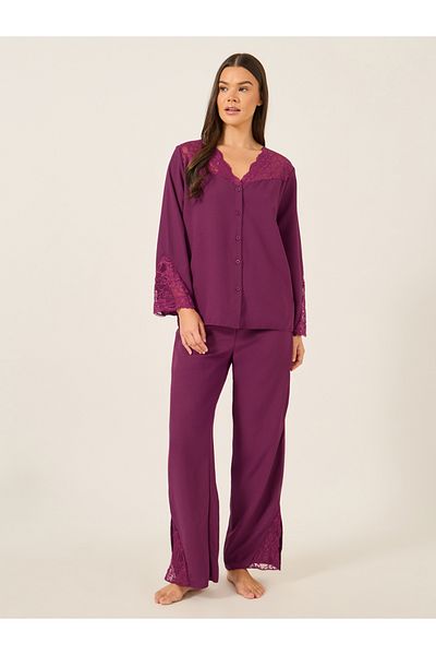 Styli Lace Insert Buttoned Shirt and Pyjama Set