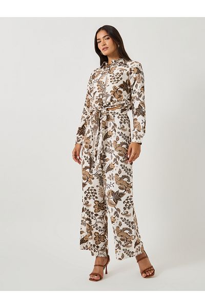 Styli Printed Spread Collar Shirt and Wide Leg Pants Co-Ords