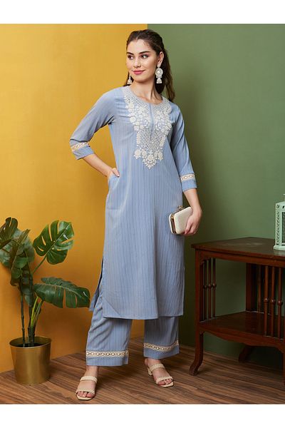 Globus By Styli Round Neck Embroidered Straight Kurta with Trousers Set