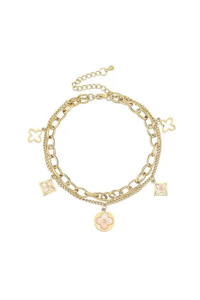 Tessero Double bracelet chain model with charms in the shape of clover, stainless steel plated with 18K gold