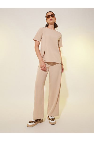 Styli Solid Short Sleeve Asymmetric Top and Pants Co-Ords