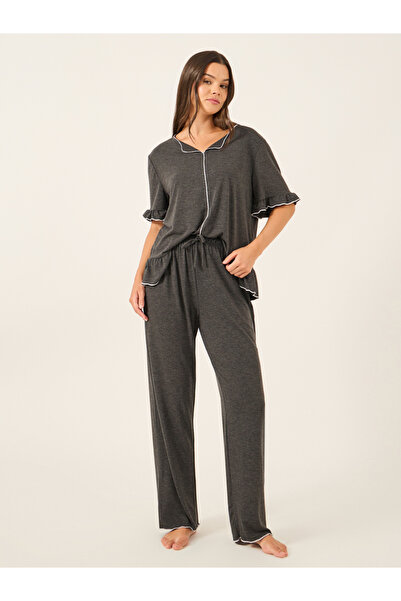 Styli Solid Ruffled Short Sleeve Top and Pyjama Set