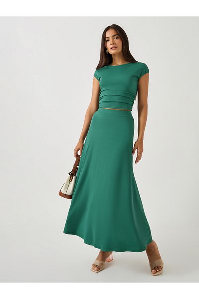 Styli Ribbed Short Sleeve Fitted Top and A-Line Skirt Co-Ords