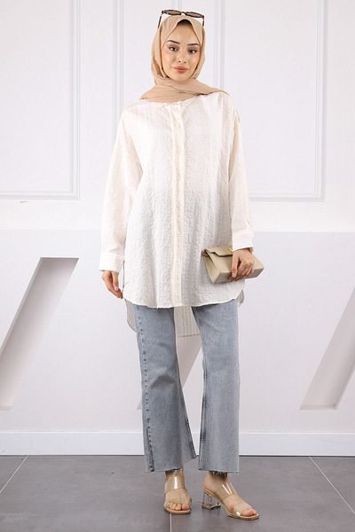 İmajButik Cream Glitter Striped Gofral Tunik