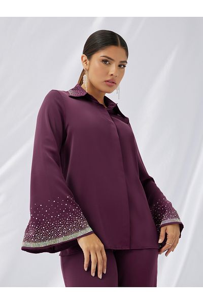 Styli Embellished Belted Top and Straight Leg Pants Co-Ords