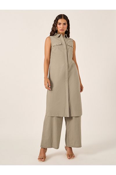 Styli Stiped Sleeveless Button-Down Tunic and Wide Leg Pants Co-Ords